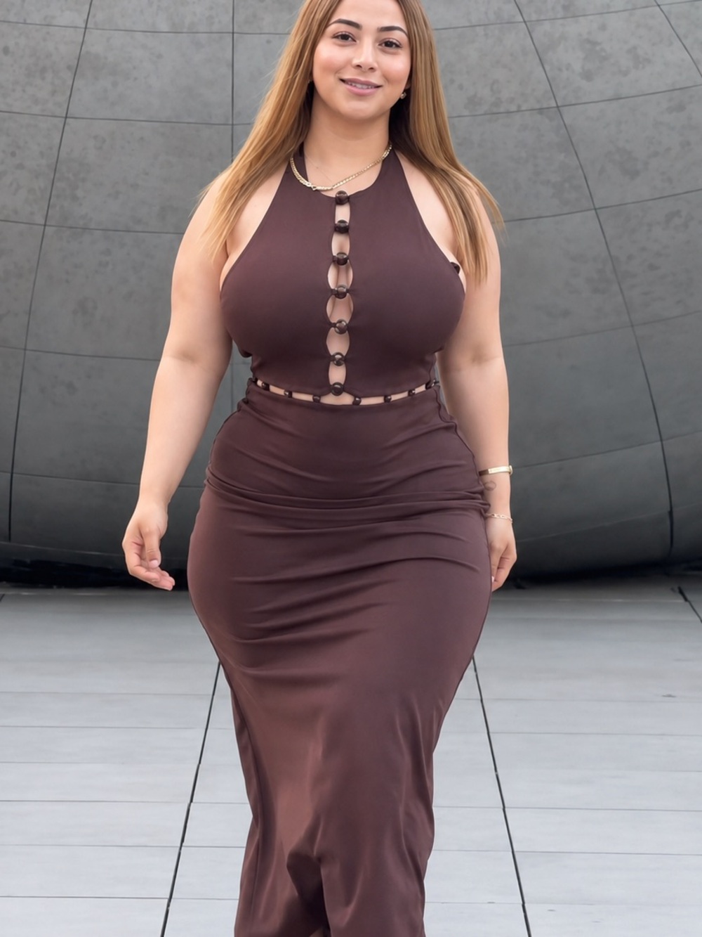 Brown Halter Maxi Dress with Ring-Detail Front